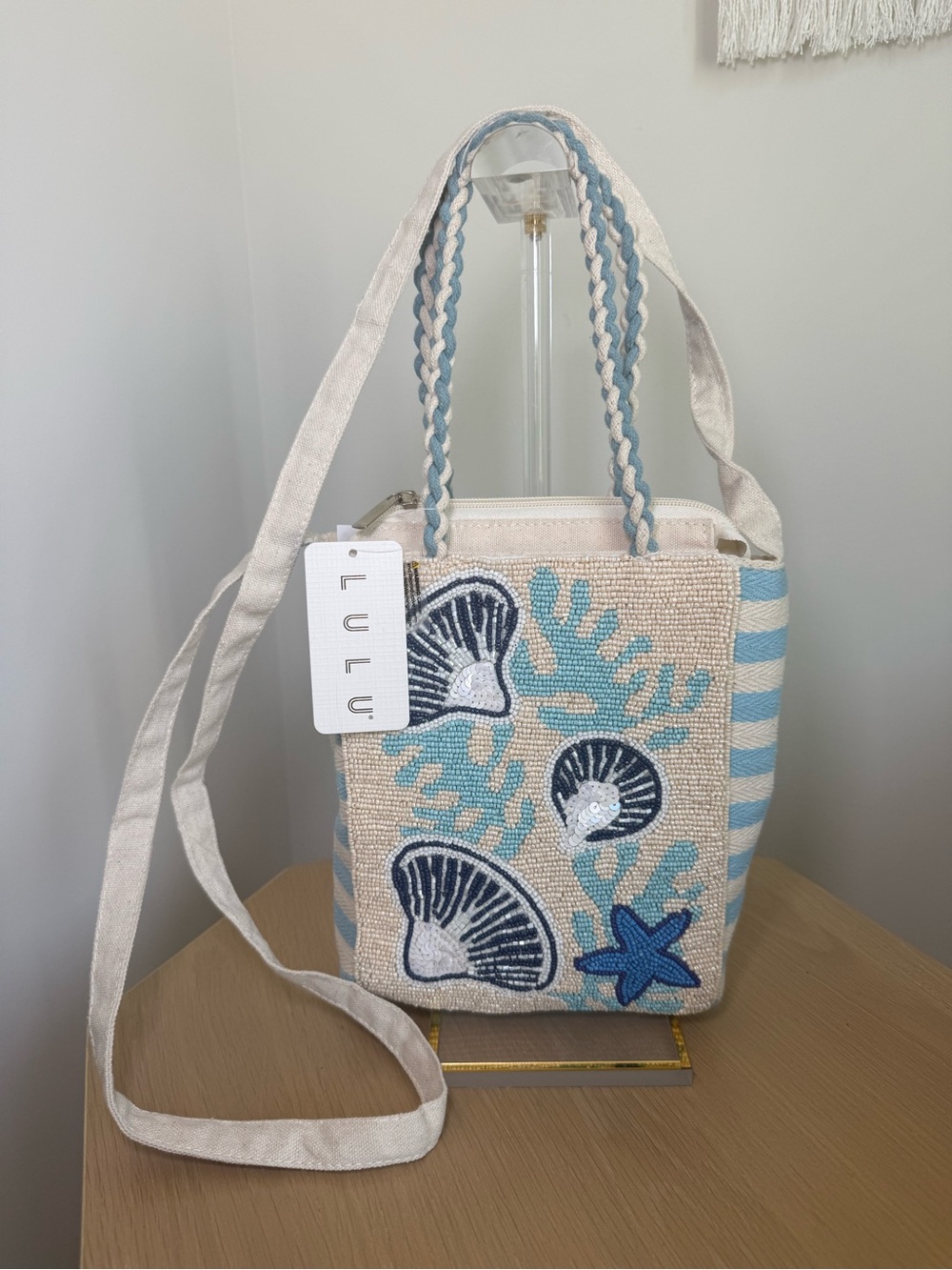 Lulu's Beige & Blue Embroidered Seashell Crossbody Bag
